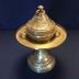 brass cake stand with lidded bowl